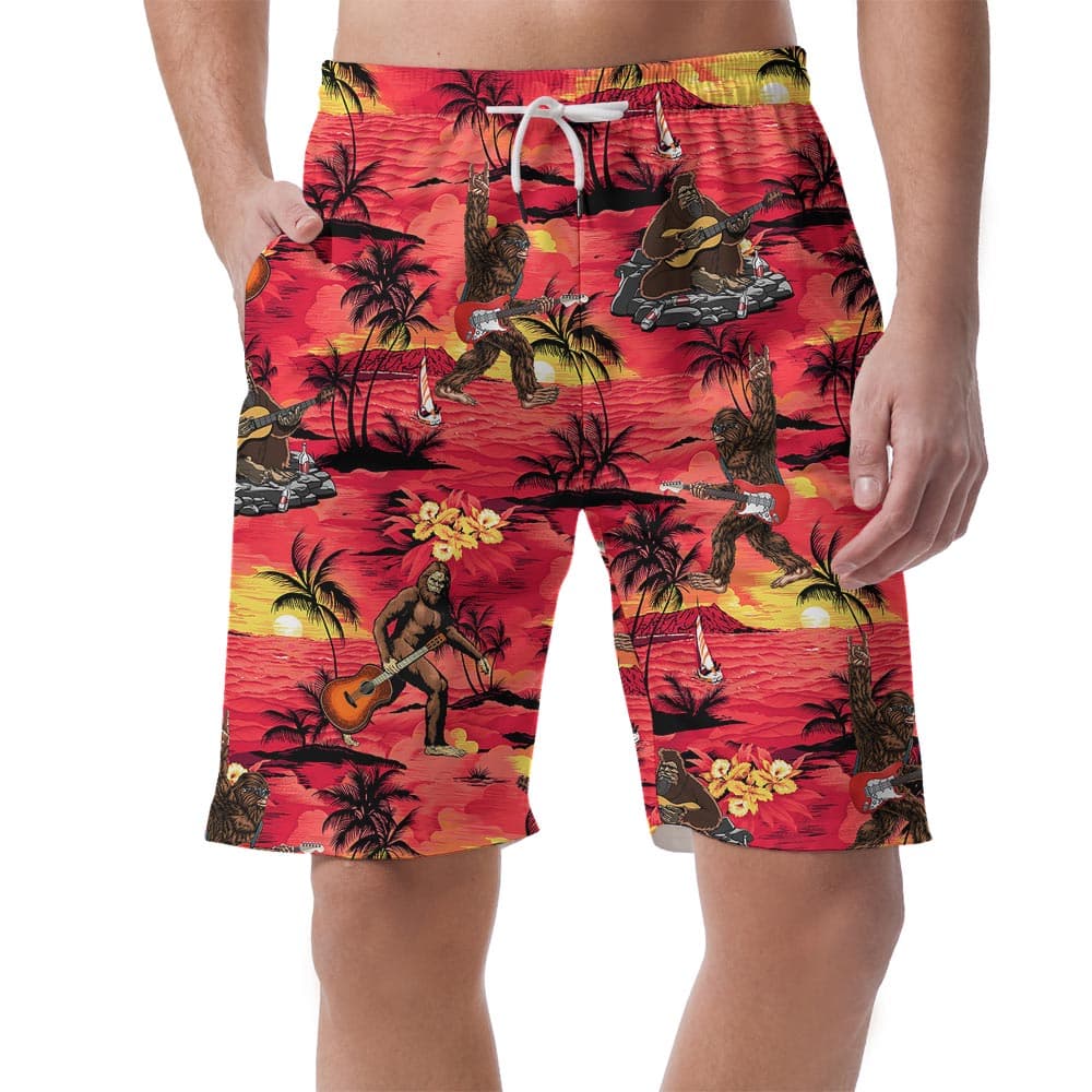 Red Men's Hawaiian Shorts With Bigfoot Pattern