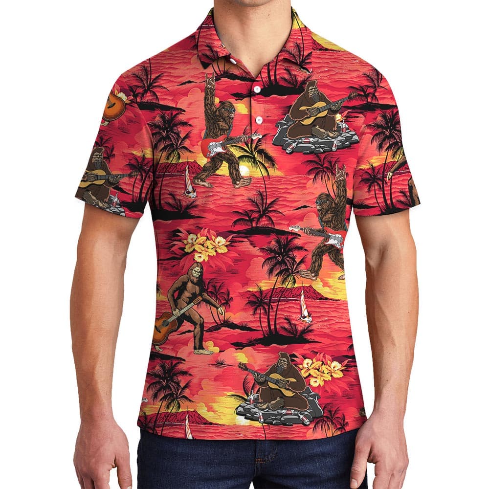 Sunset Bigfoot Red Hawaiian Polo Men