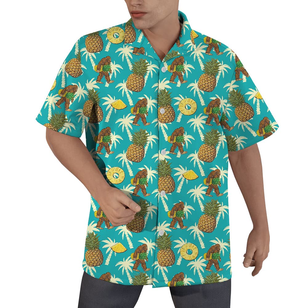 Bigfoot Pineapple Tropical Palm Trees Blue Hawaiian Shirt (1)