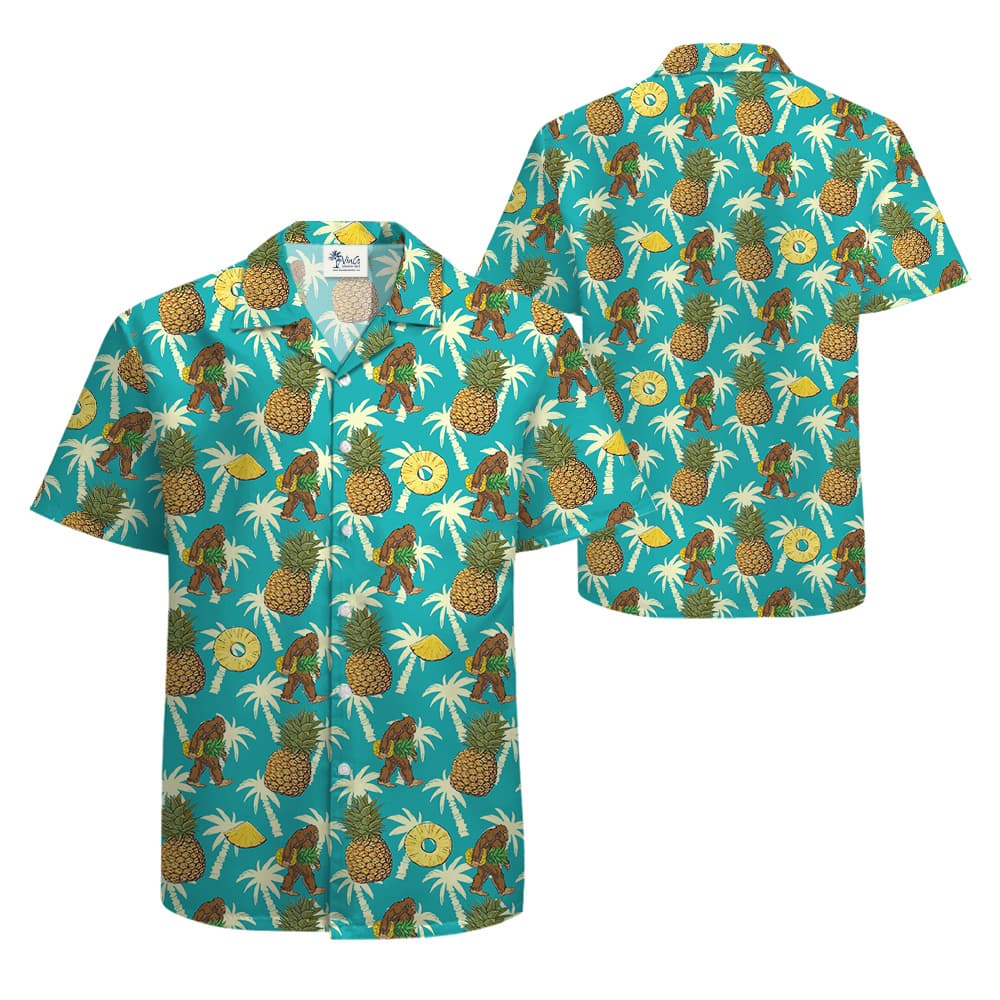 Bigfoot Pineapple Tropical Palm Trees Blue Hawaiian Shirt