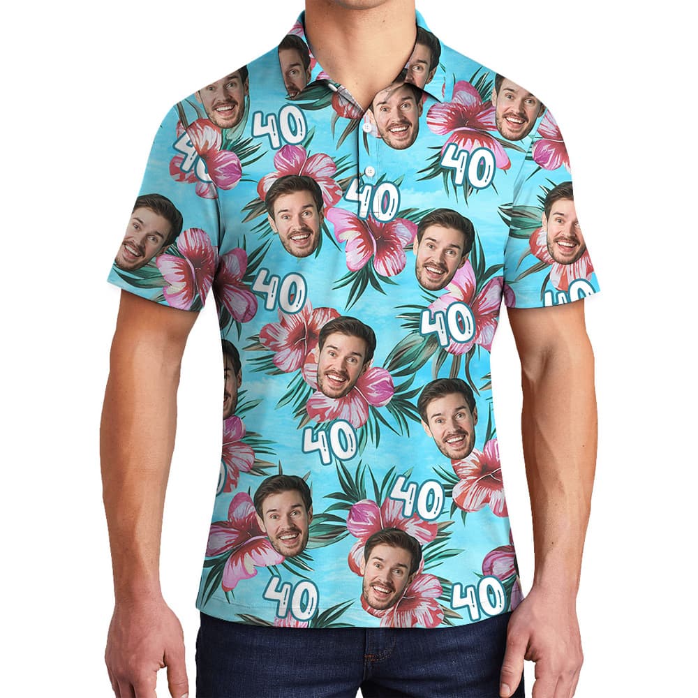Birthday Blue Hawaiian Men Polo Shirt with Custom Face and Age1