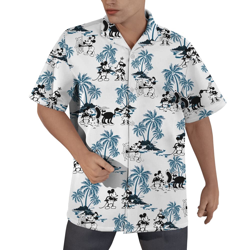 Blue Vintage Palm Trees Steamboat Willie Mickey Hawaiian Shirt (1)