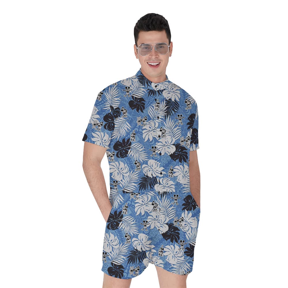 Blue Vintage Patterns Mickey Steamboat Willie Hawaiian Romper For Men