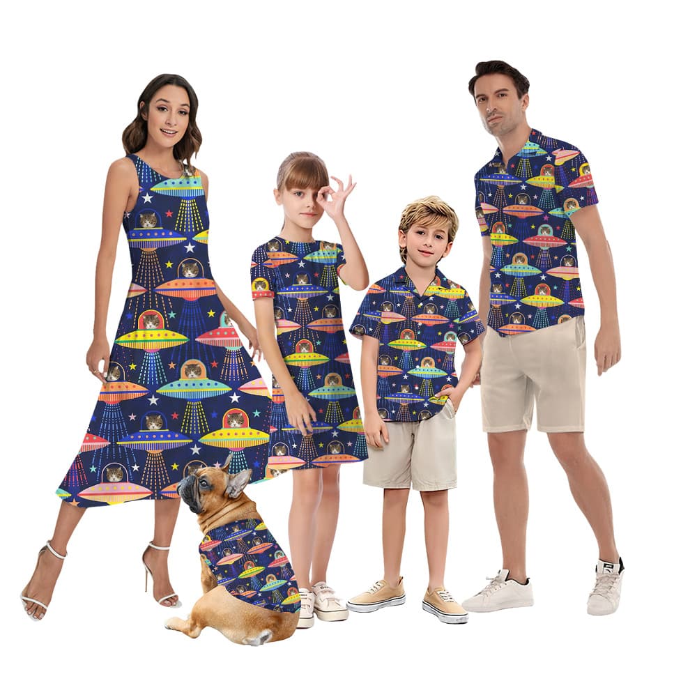 Cat Aliens Matching Family Hawaiian Outfits with Custom Pet Face1
