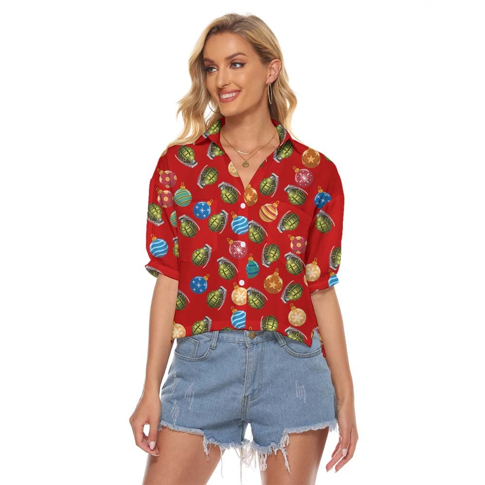 Christmas Baubles Red Women's Cropped Shirt