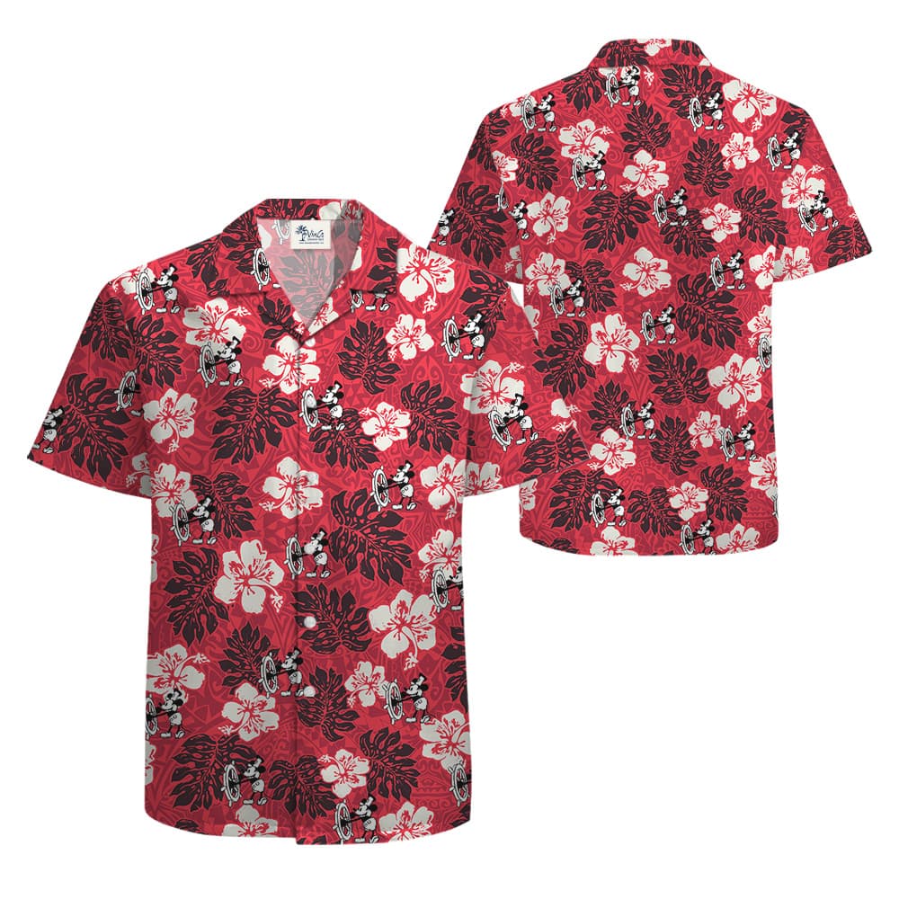 Classic Steamboat Willie Mickey Mouse Hibiscus Red Hawaiian Shirt