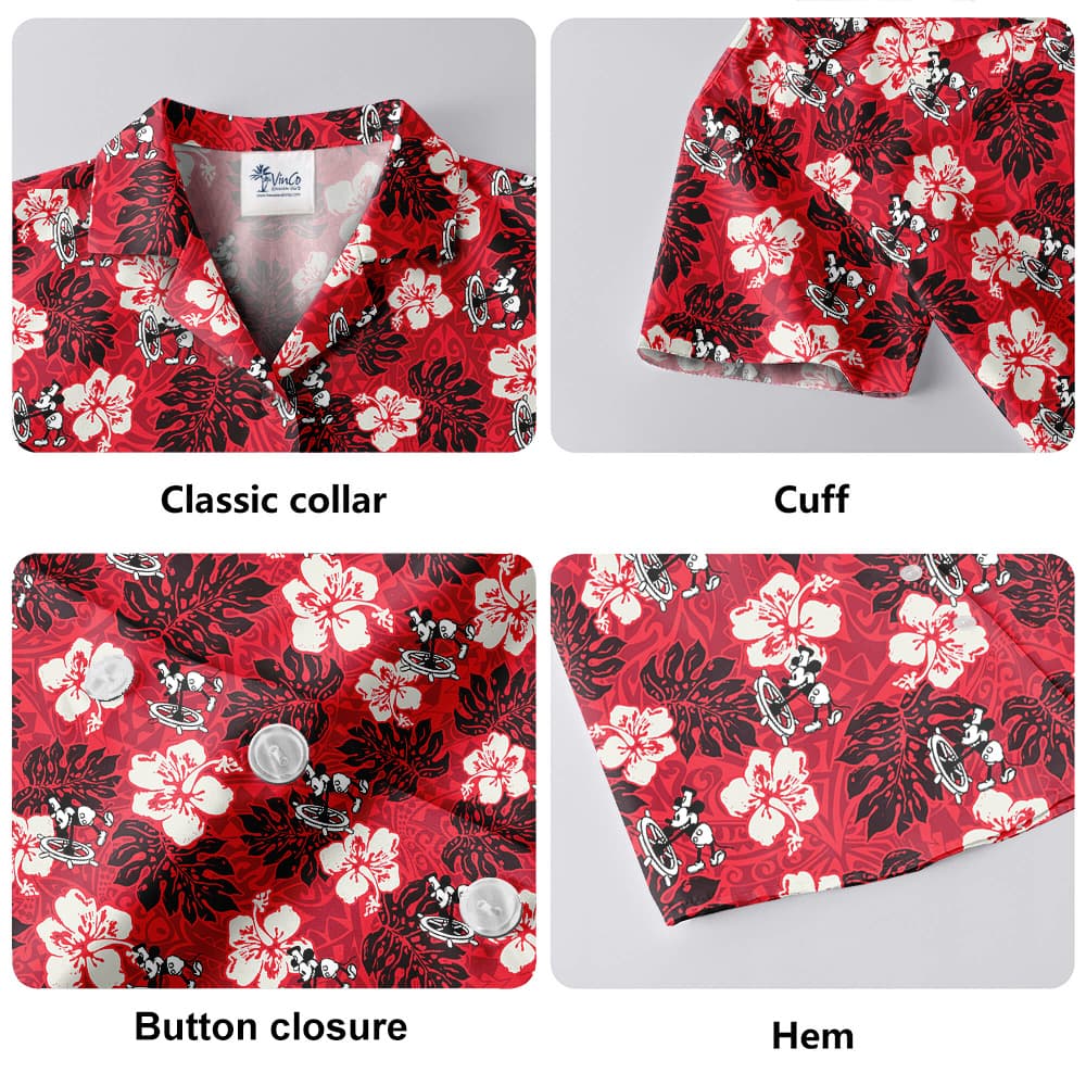 Classic Steamboat Willie Mickey Mouse Hibiscus Red Hawaiian Shirt