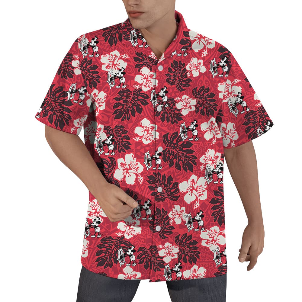 Classic Steamboat Willie Mickey Mouse Hibiscus Red Hawaiian Shirt (5)