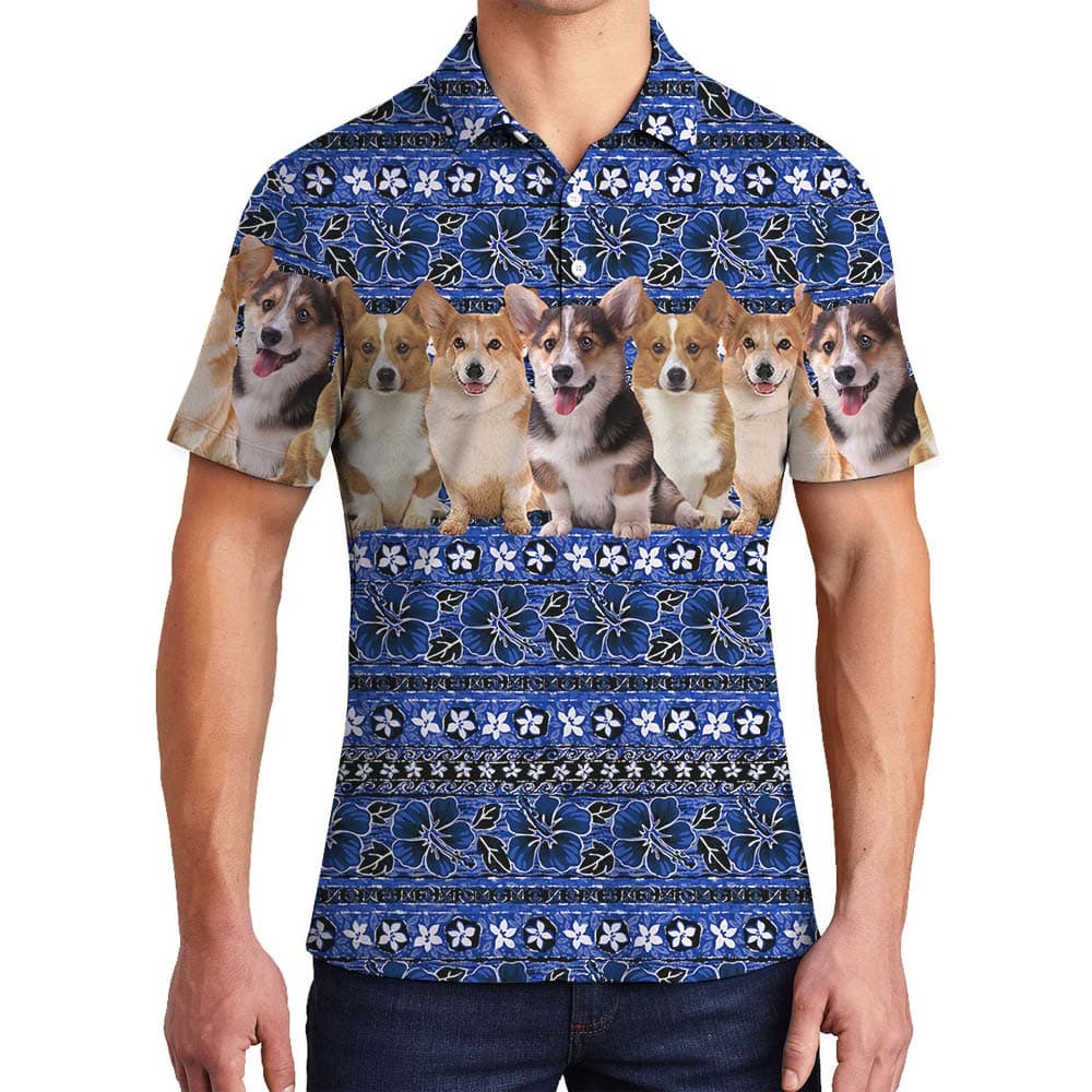 Cute Corgi Blue Hawaiian Polo Men