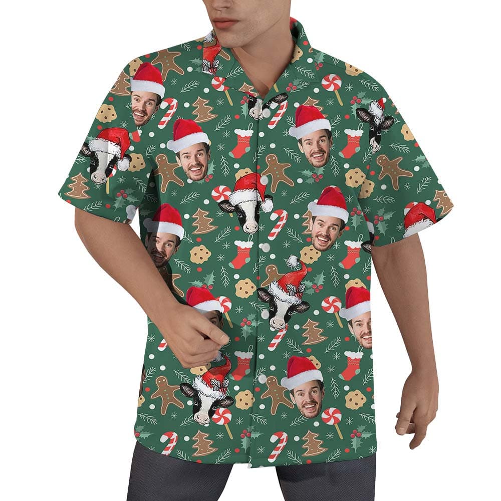 Cute Xmas Cow Custom Face Hawaiian Shirt For Men