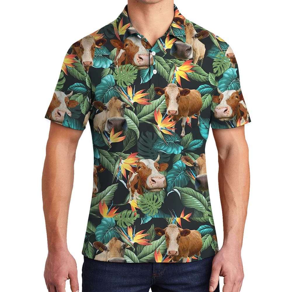 Tropical Cow Print Hawaiian Polo Men