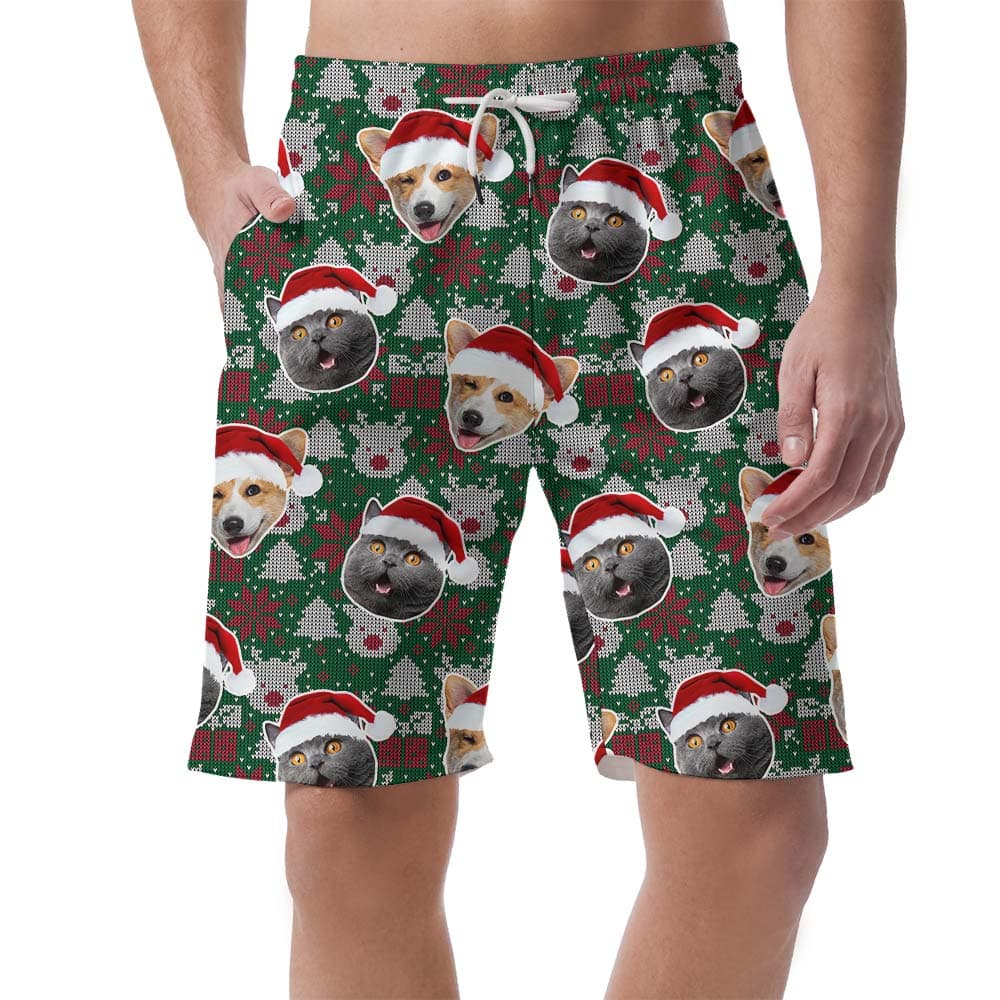 Funny Xmas Custom Pet's Face Aloha Men's Shorts