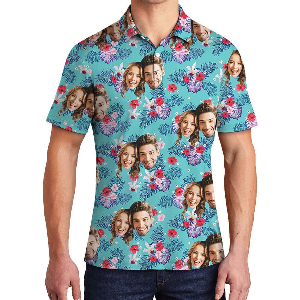 Custom Couple Face Men's Hawaiian Polo Shirt4