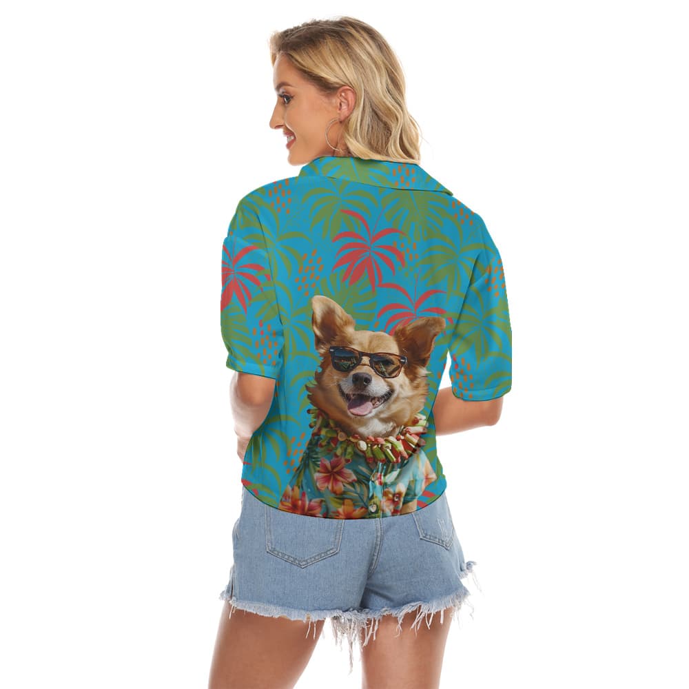 Custom Dog Face On Blue Women's Cropped Shirt2