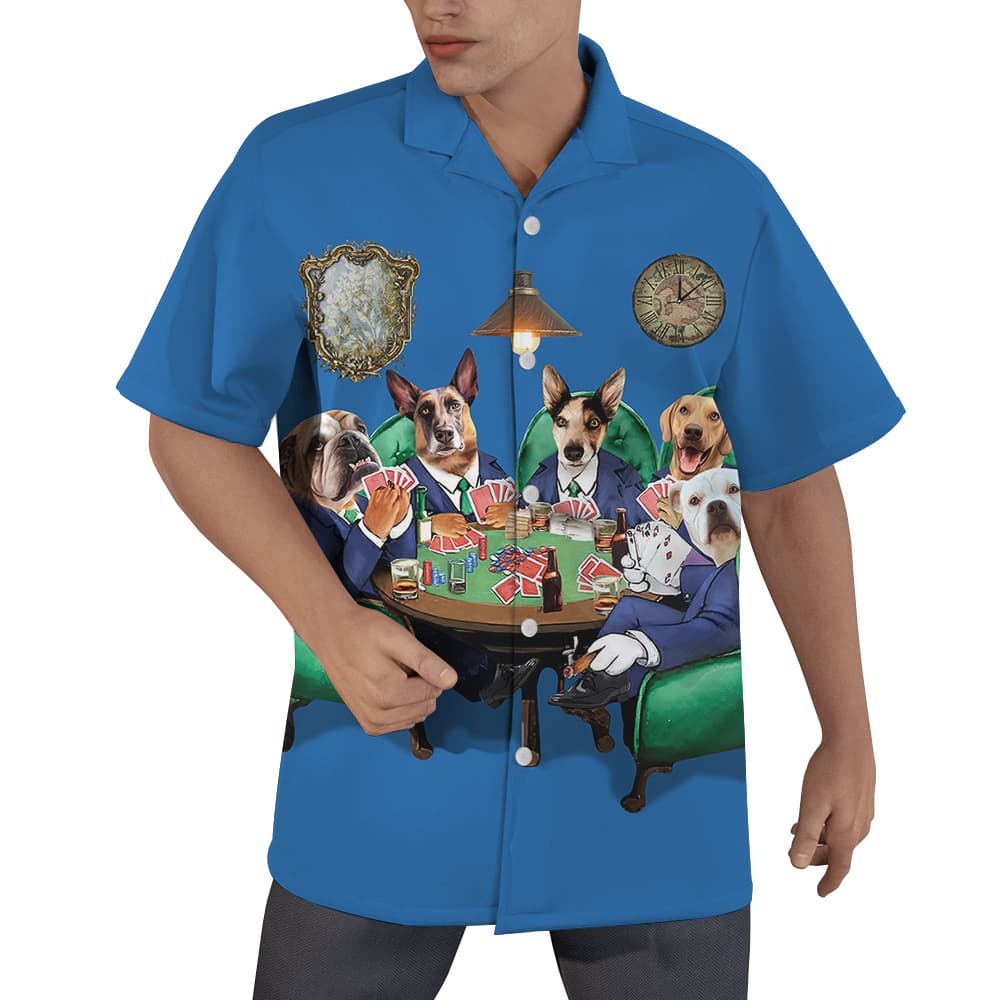 Custom Dog Poker Blue Hawaiian Men’s Shirt With Multiple Dogs Face1