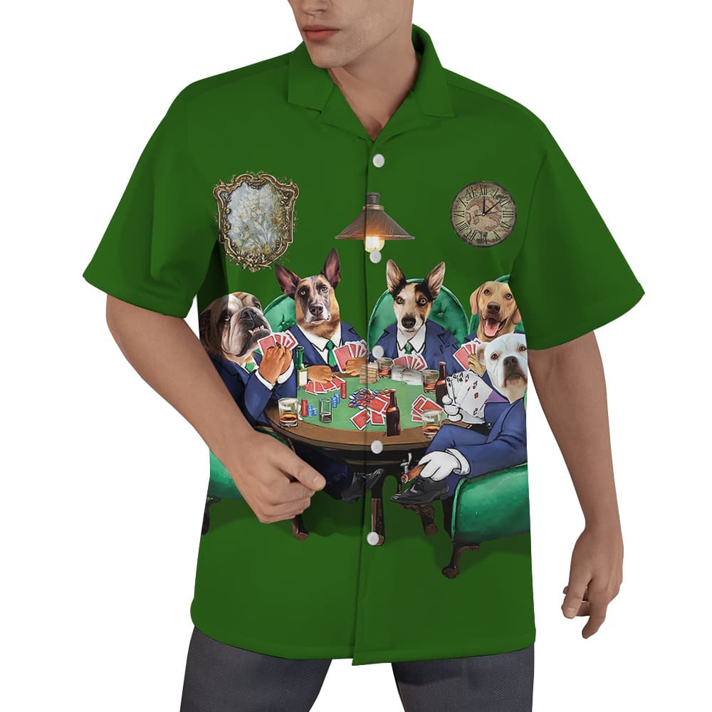 Custom Dog Poker Green Hawaiian Men’s Shirt With Multiple Dogs Face1