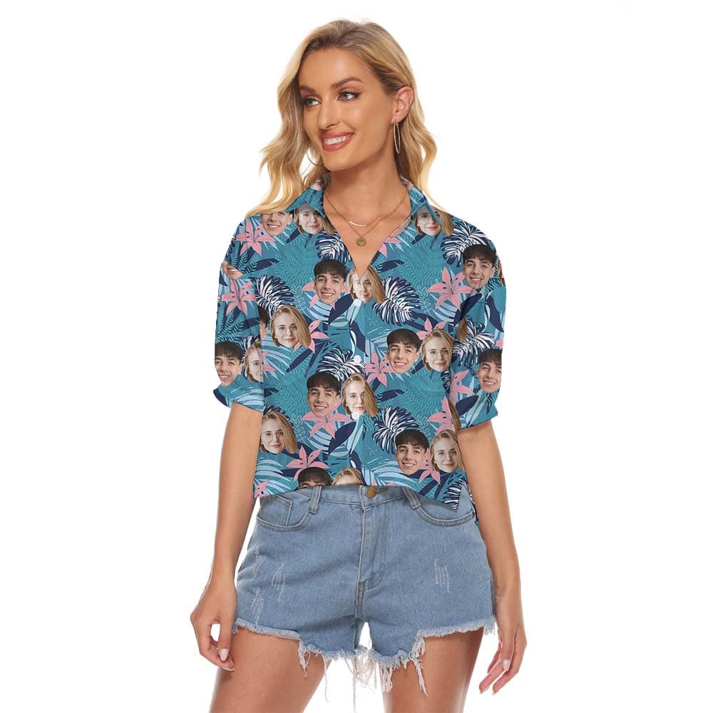 Custom Face Blue Women's Hawaiian Blouse1
