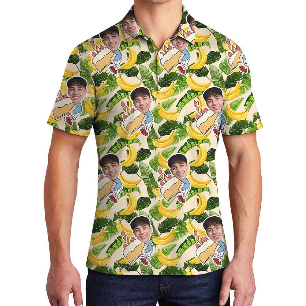 Custom Face Hawaiian Men Polo Shirt for Birthday on Banana Pattern1