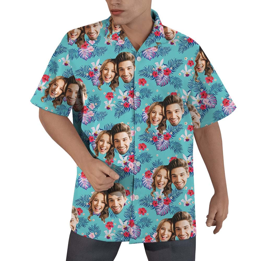 Custom Face Hawaiian Shirt For Couples Blue1