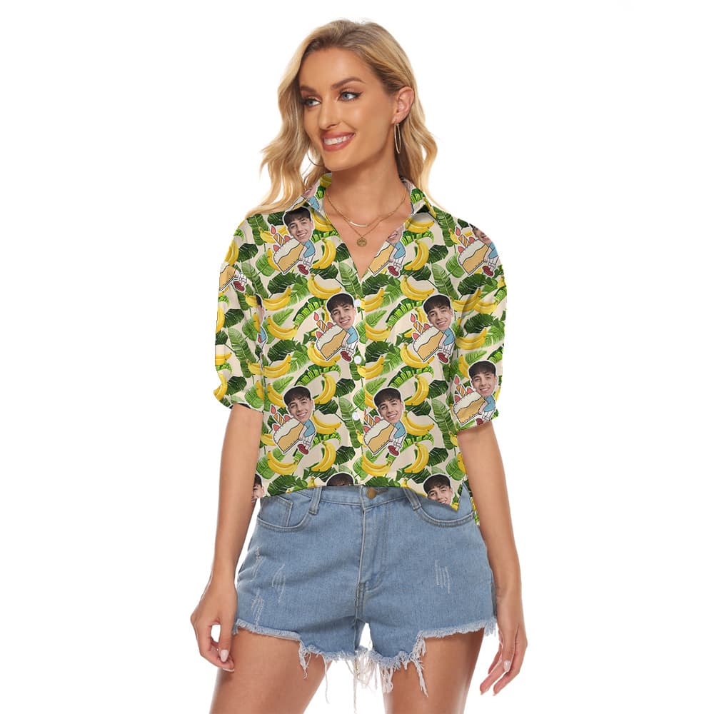 Custom Face Hawaiian Women Cropped Shirt for Birthday with Banana Pattern1