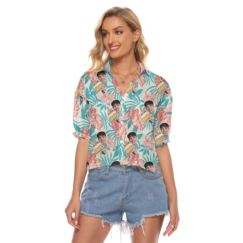 Custom Face for Birthday Aloha Women Cropped Shirt on Palm Pattern1