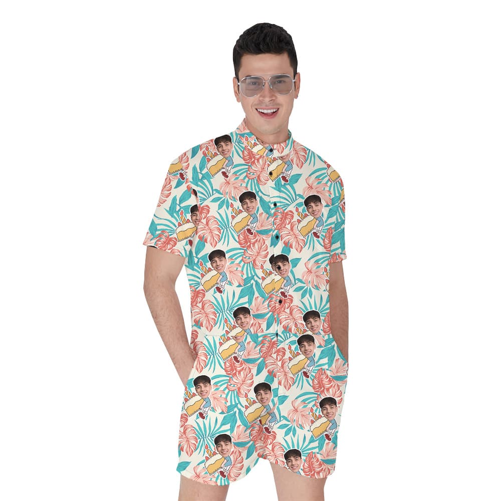 Custom Face for Birthday Hawaiian Men Romper on Palm Pattern1