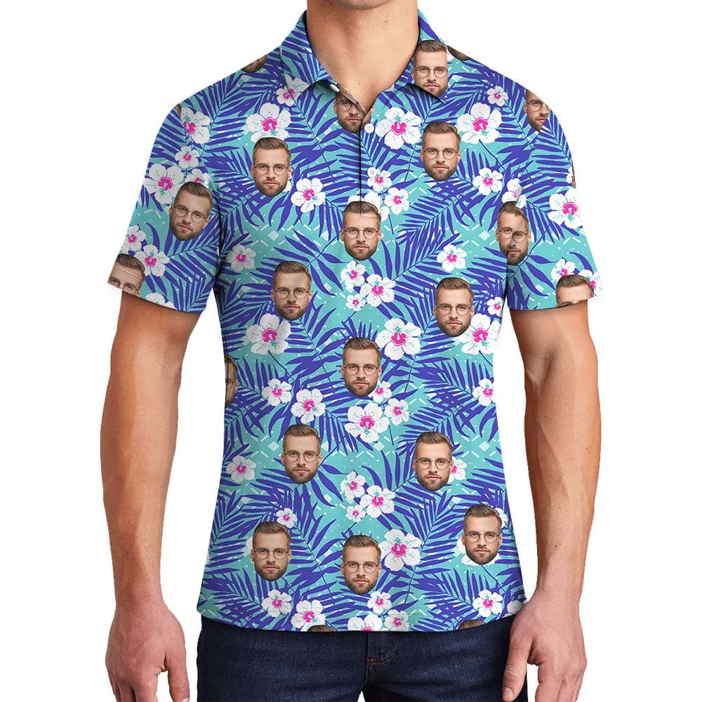 Custom Floral Blue Men's Polo Shirt With Faces4