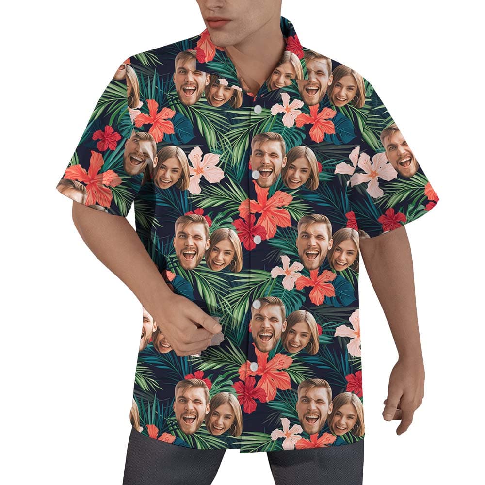 Hibiscus Tropical Men's Hawaiian Shirt With Multiple Faces On Them