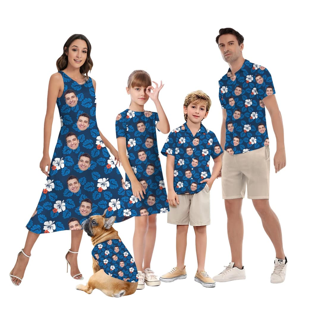 Family wearing matching Hawaiian shirt and dress