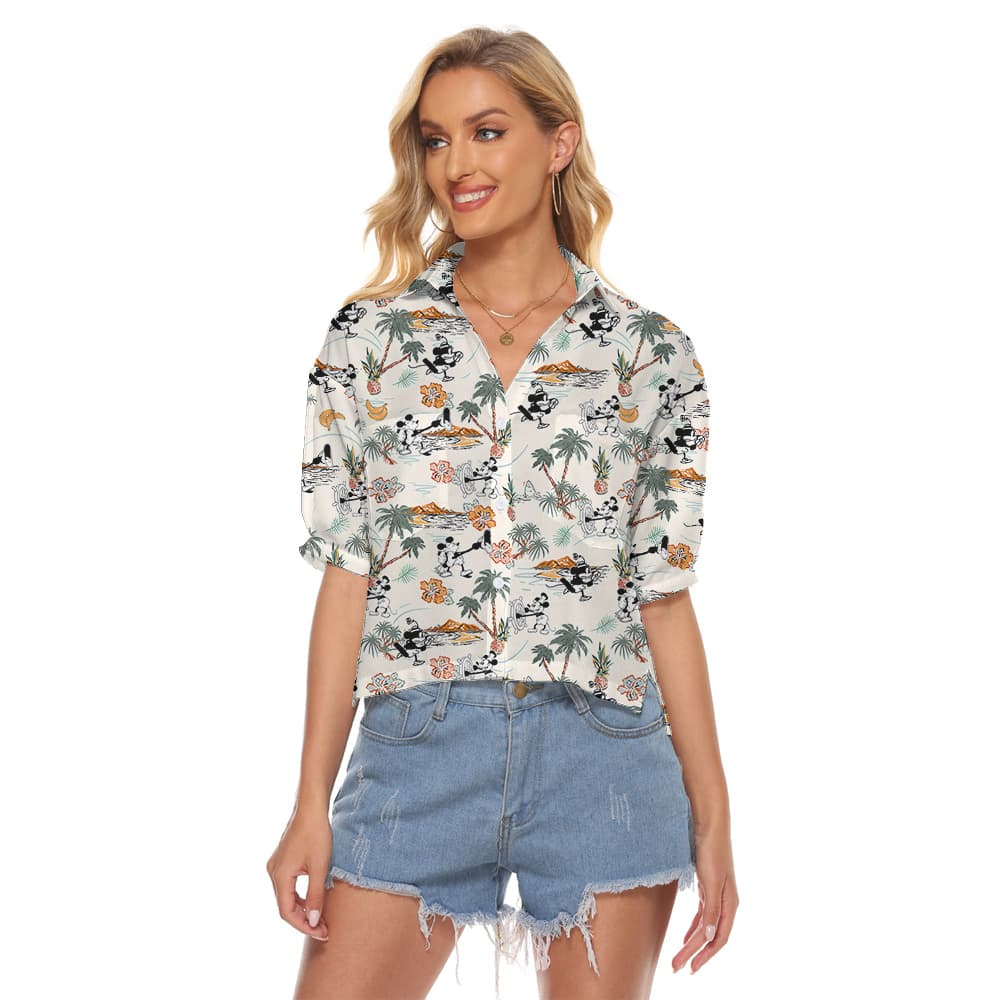 Cute Mickey Minnie Steamboat Willie Tropical Islands Hawaiian V-Neck Shirt