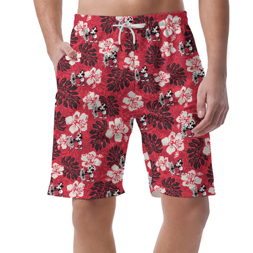 Cute Mickey Mouse Steamboat Willie Hibiscus Classic Red Hawaiian Beach Shorts For Men (2)