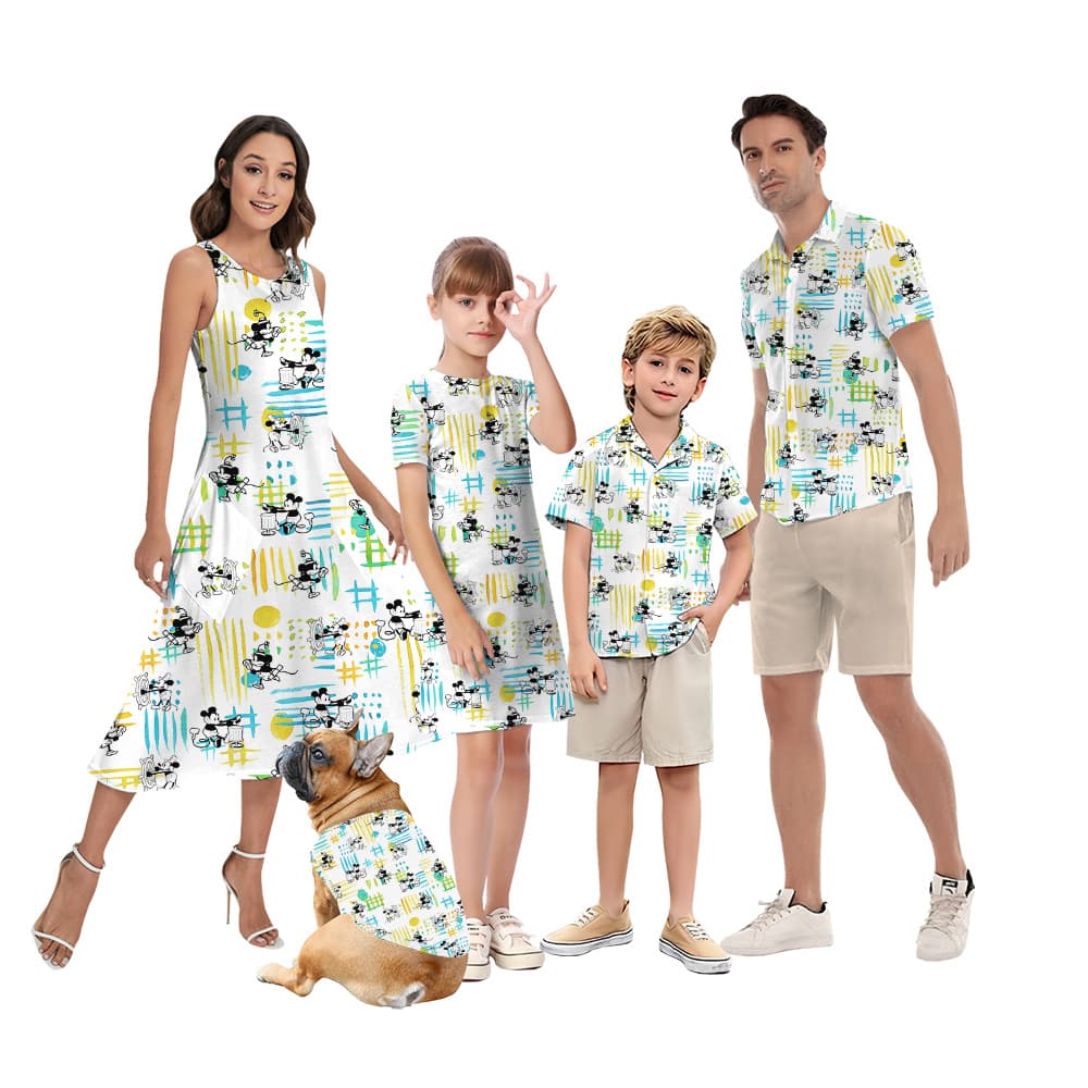Cute Mickey Mouse Steamboat Willie Matching Family Hawaiian Outfits