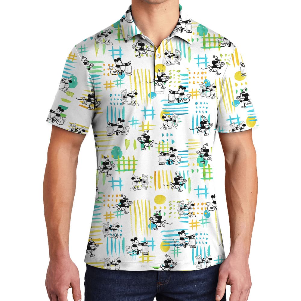 Cute Mickey Mouse Steamboat Willie Movie 1928 Men's Hawaiian Polo Shirt