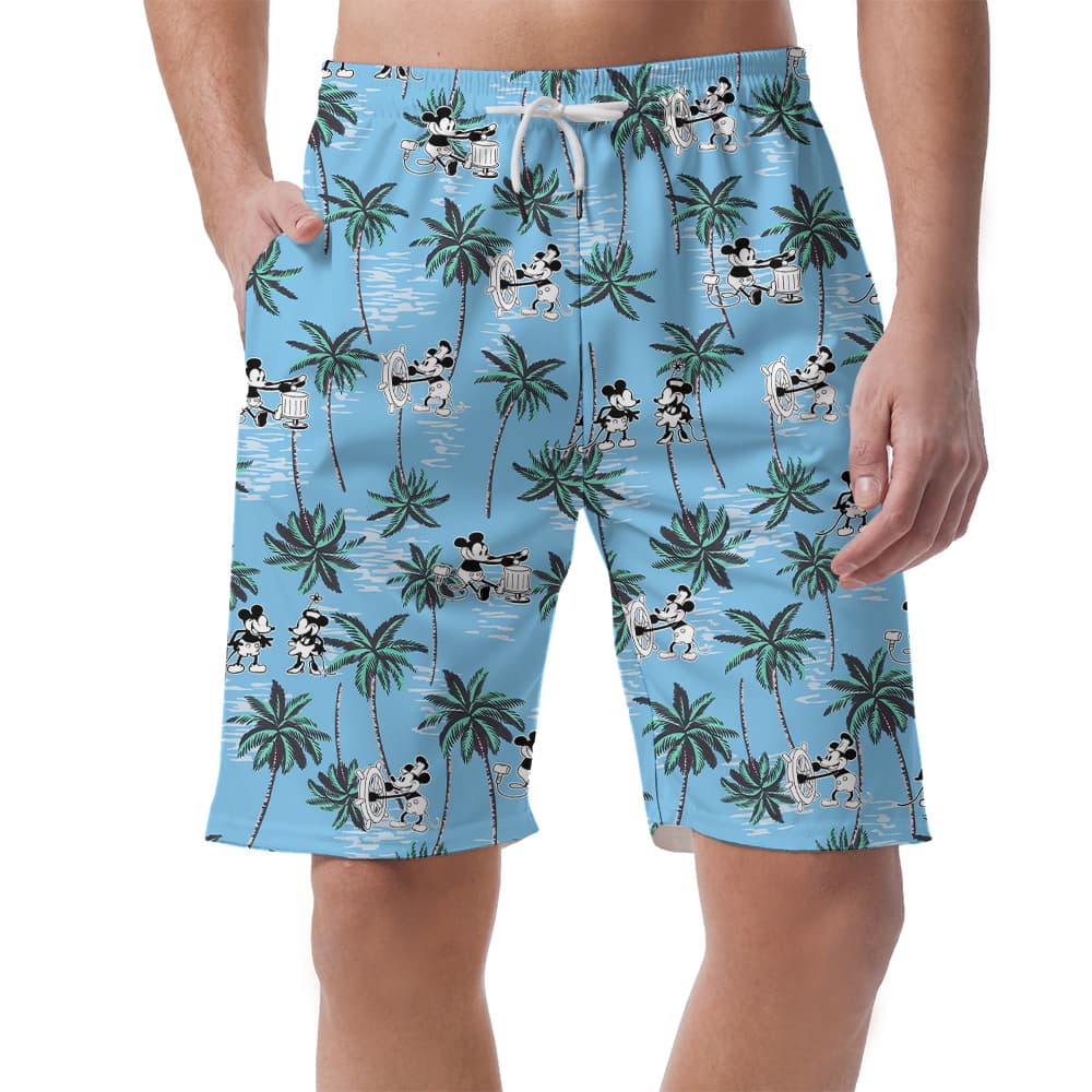 Cute Mickey Mouse Steamboat Willie Tropical Palm Tree Blue Summer Shorts For Men