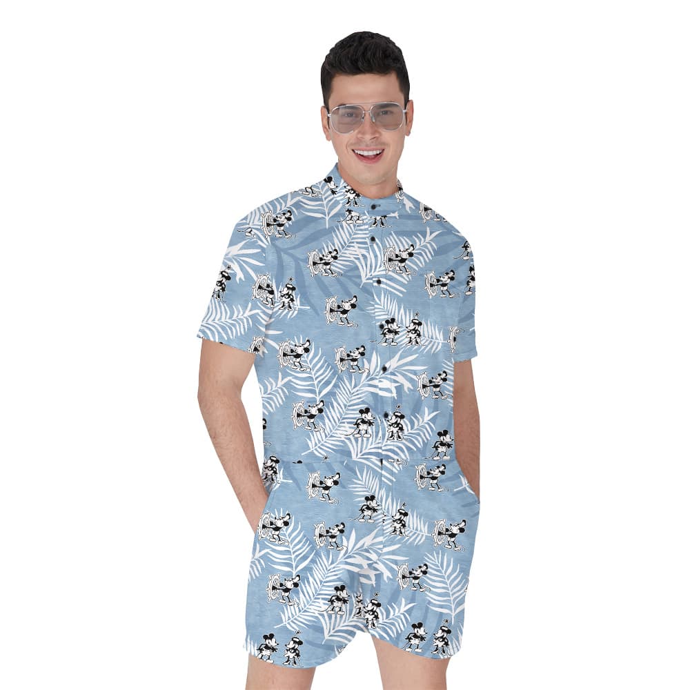 Cute Mickey Mouse Steamboat Willie Vintage Blue Hawaiian Romper For Men