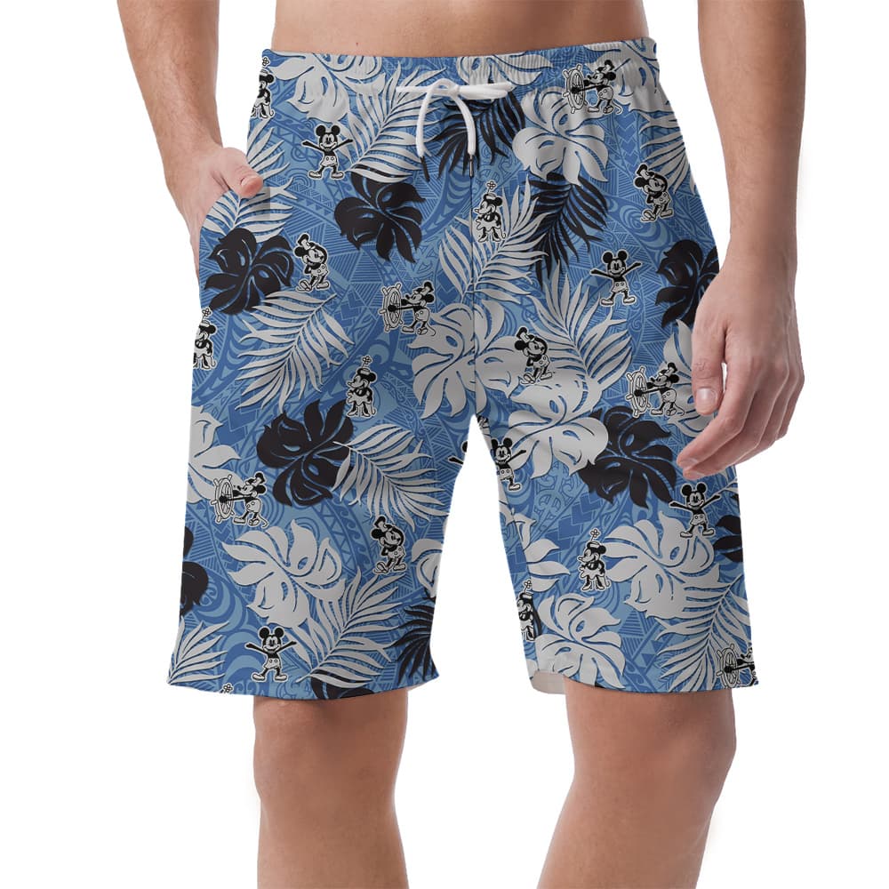 Cute Mickey Mouse Steamboat Willie Vintage Blue Men's Hawaiian Beach Shorts