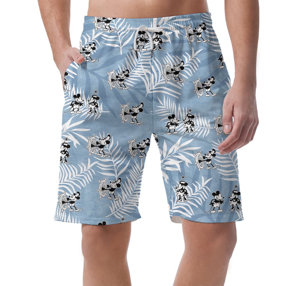 Cute Mickey Steamboat Willie 1928 Vintage Blue Hawaiian Beach Shorts For Men