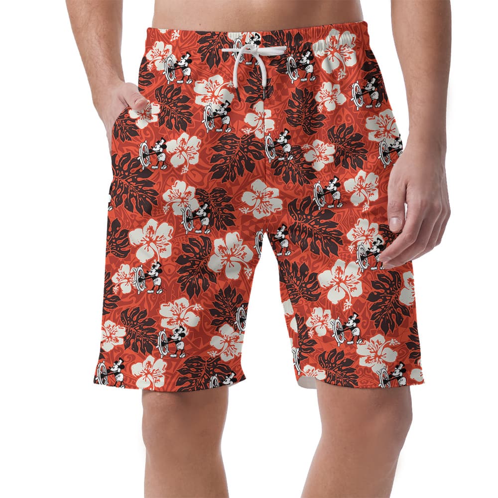 Cute Mickey Steamboat Willie 1928 Vintage Hibiscus Hawaiian Beach Shorts For Men