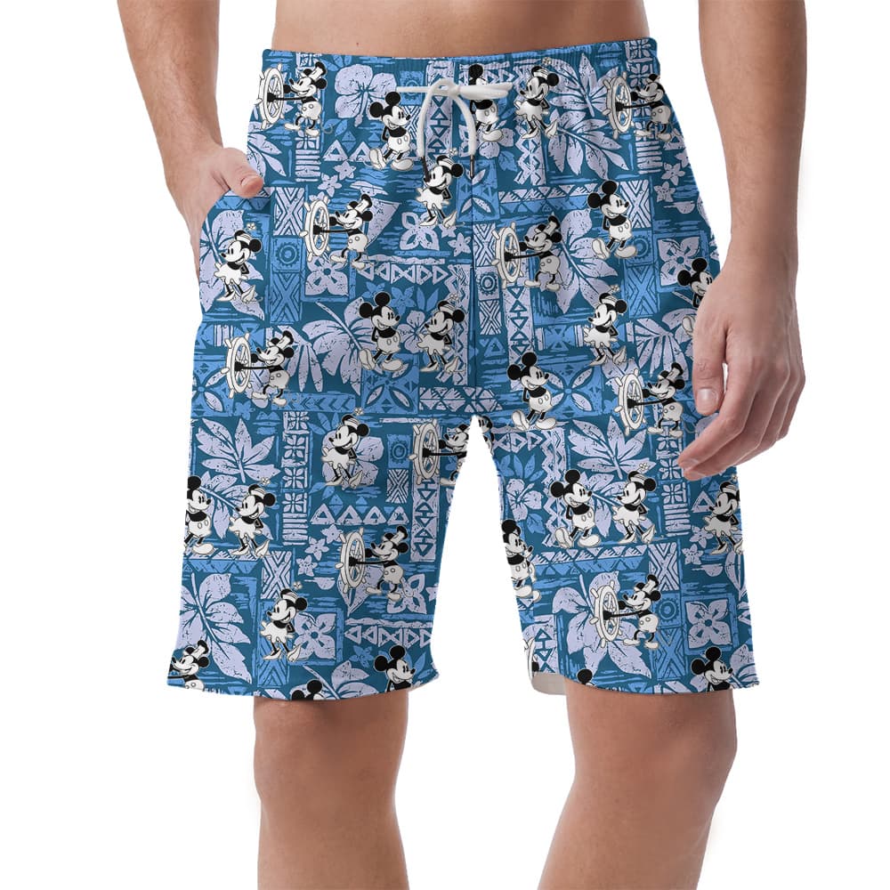 Cute Mickey Steamboat Willie 1928 Vintage Navy Hawaiian Beach Shorts For Men