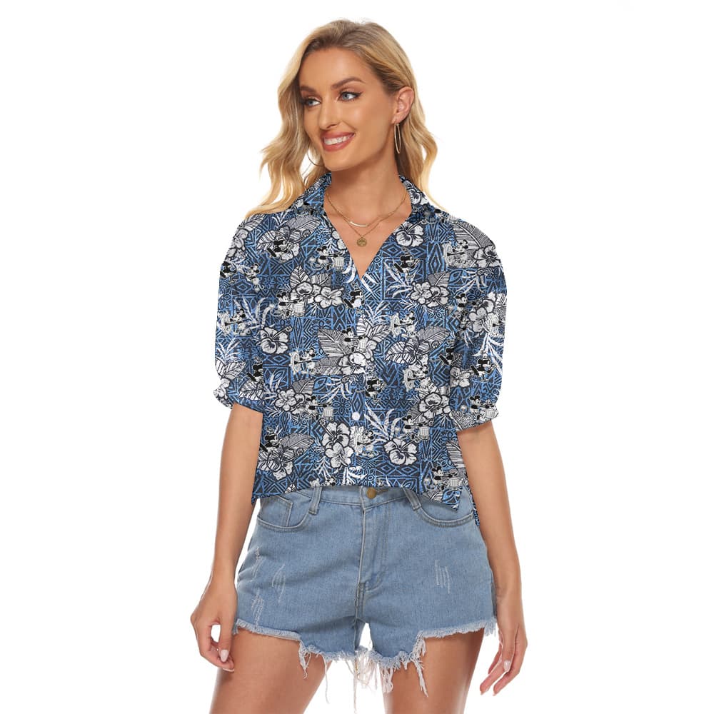 Cute Mickey Steamboat Willie Classic Hibiscus Hawaiian Cropped Shirt For Women