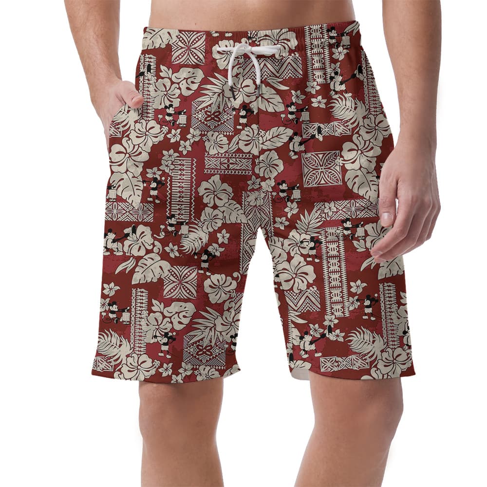 Cute Mickey Steamboat Willie Floral Classic Hawaiian Beach Shorts For Men