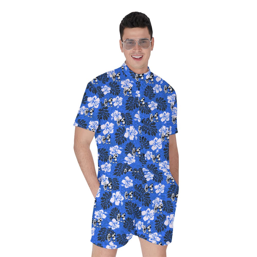 Cute Mickey Steamboat Willie Hibiscus Vintage Navy Hawaiian Romper For Men
