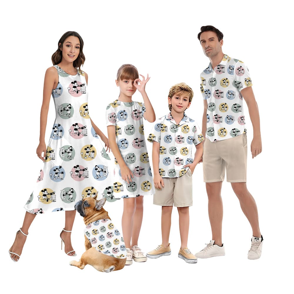Cute Mickey Steamboat Willie Matching Hawaiian Shirts And Dresses For Family
