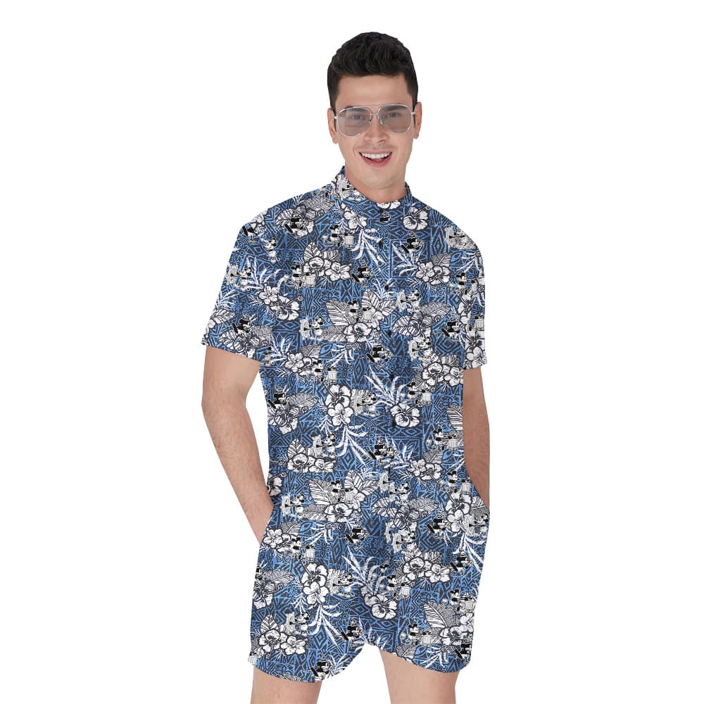 Cute Mickey Steamboat Willie Movie Classic Hibiscus Hawaiian Romper For Men