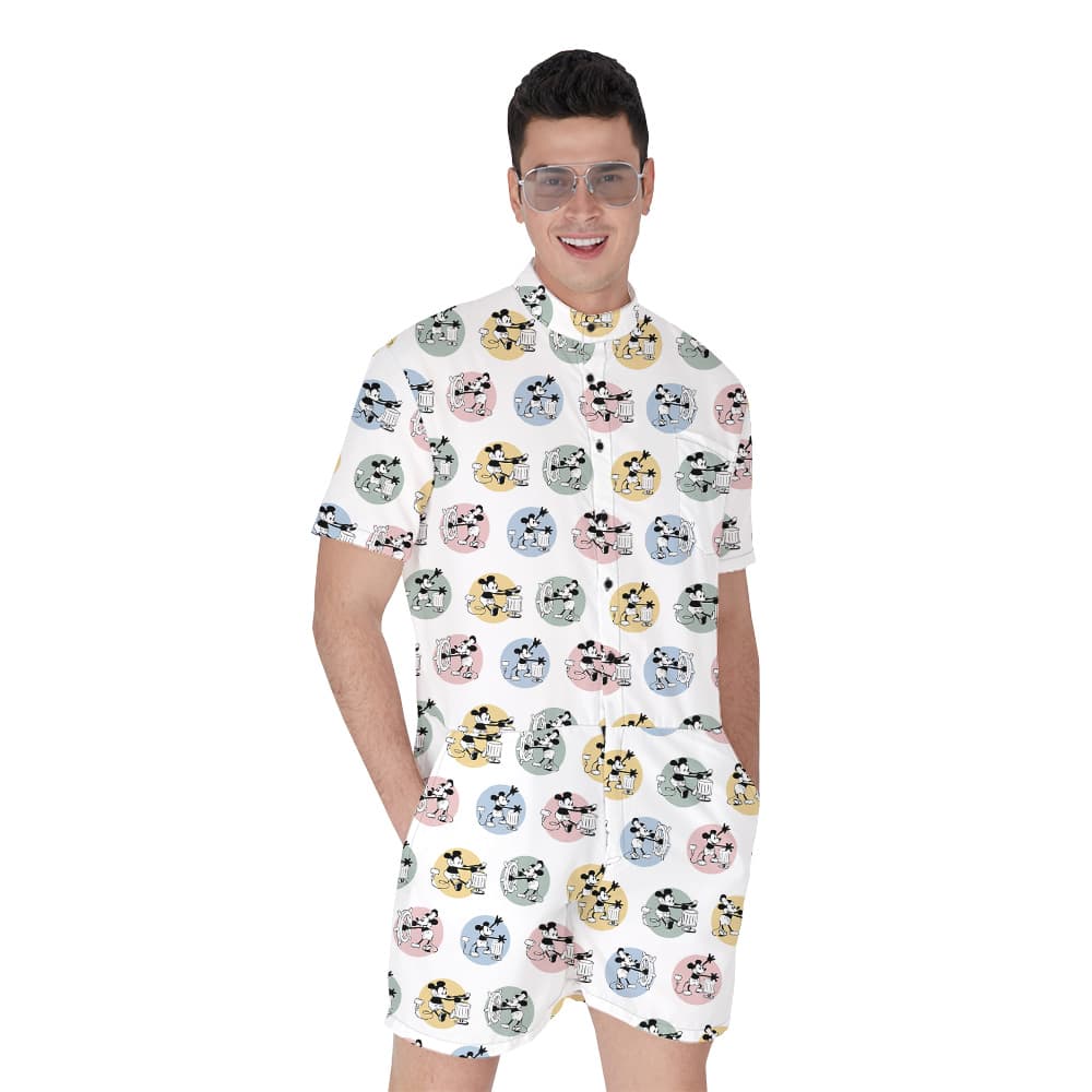 Cute Mickey Steamboat Willie Movie Men's Hawaiian Romper