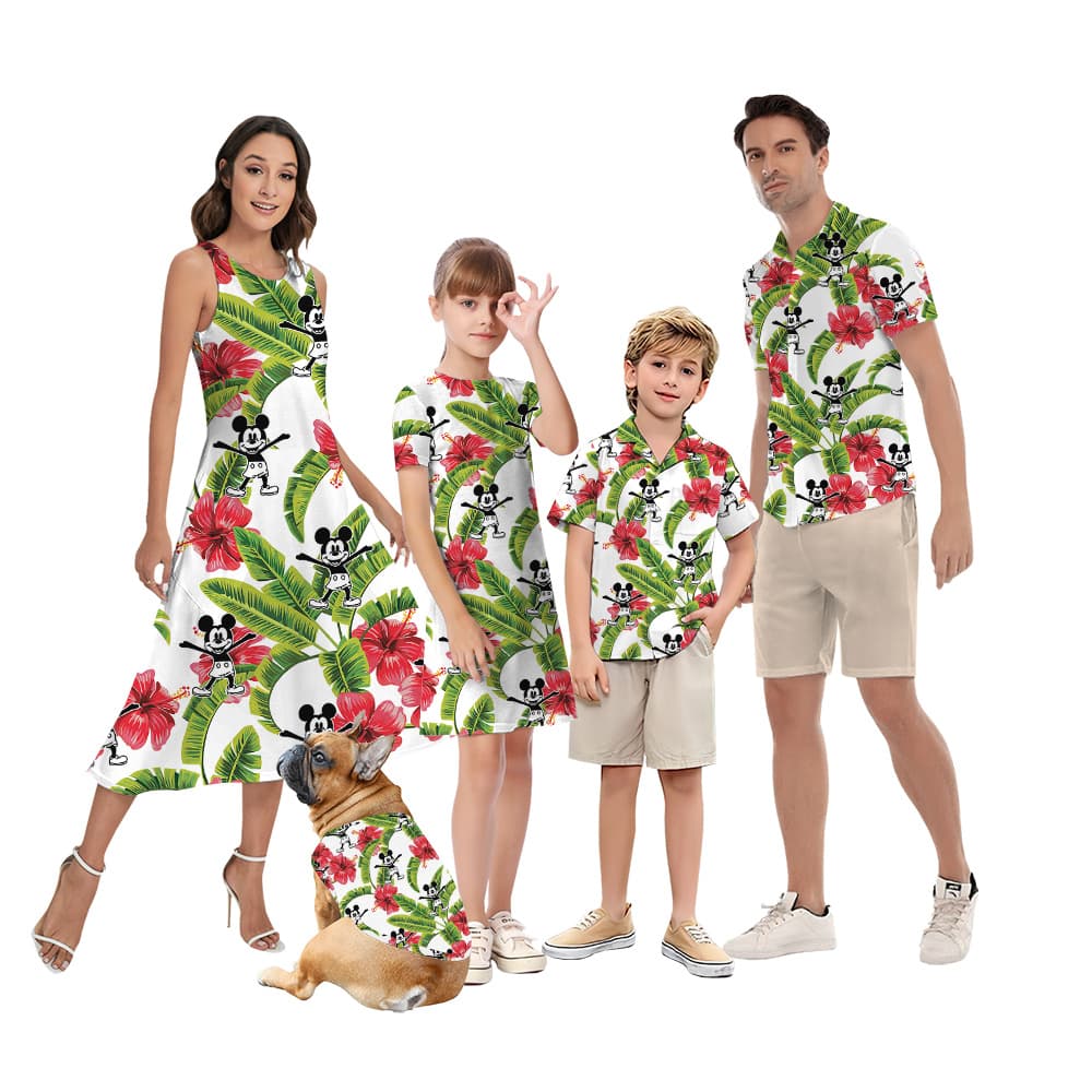 Cute Mickey Steamboat Willie Movie Tropical Hibiscus Matching Family Hawaiian Outfits