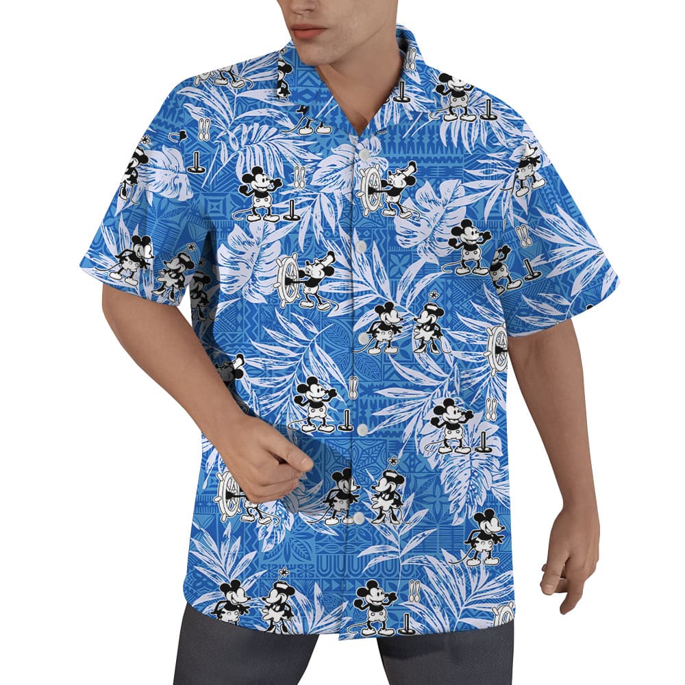 Cute Mickey Steamboat Willie Movie Vintage Tropical Blue Hawaiian Shirt (1)