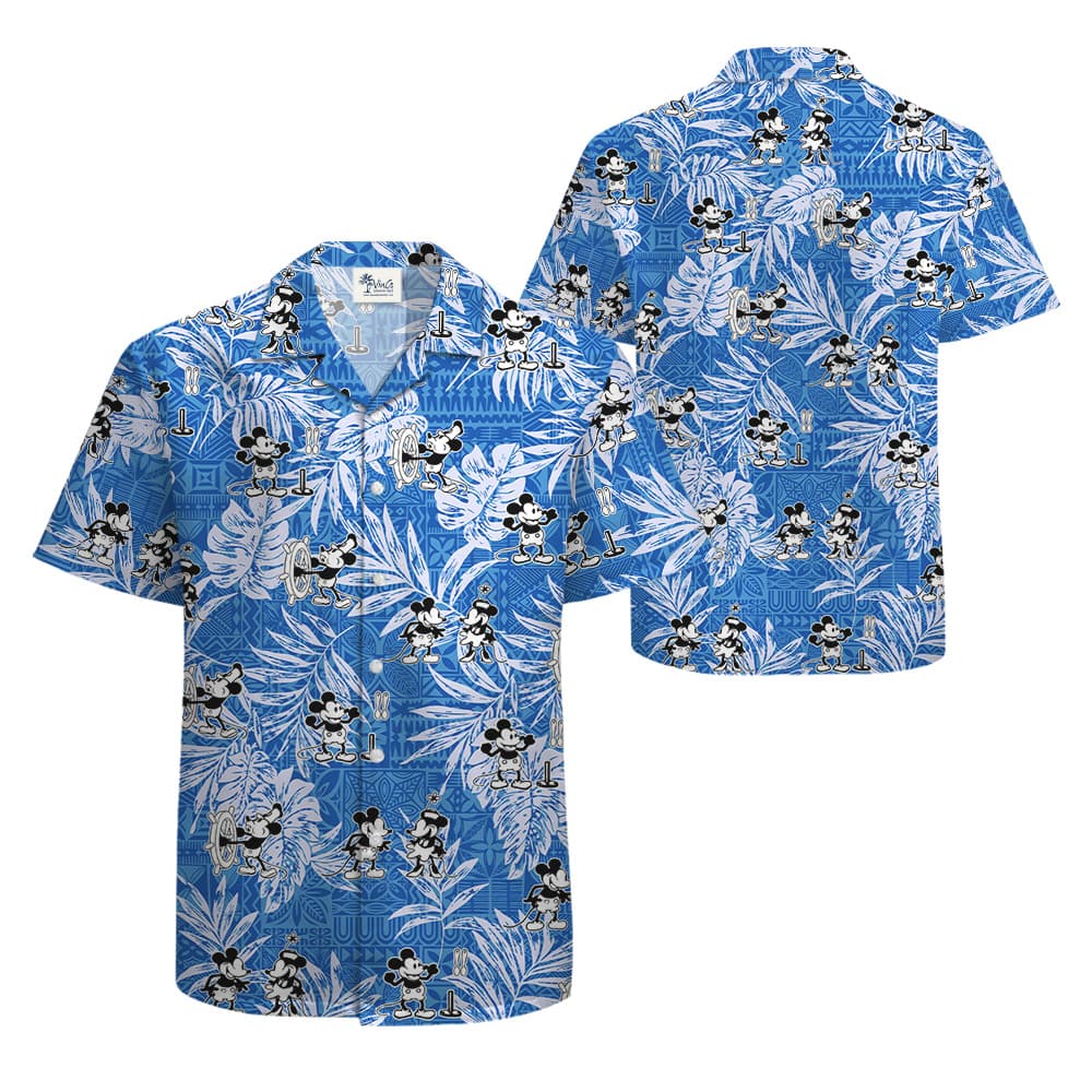 Cute Mickey Steamboat Willie Movie Vintage Tropical Blue Hawaiian Shirt