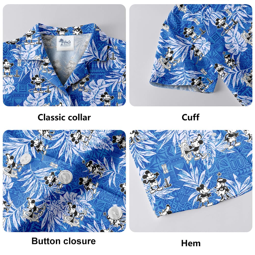 Cute Mickey Steamboat Willie Movie Vintage Tropical Blue Hawaiian Shirt