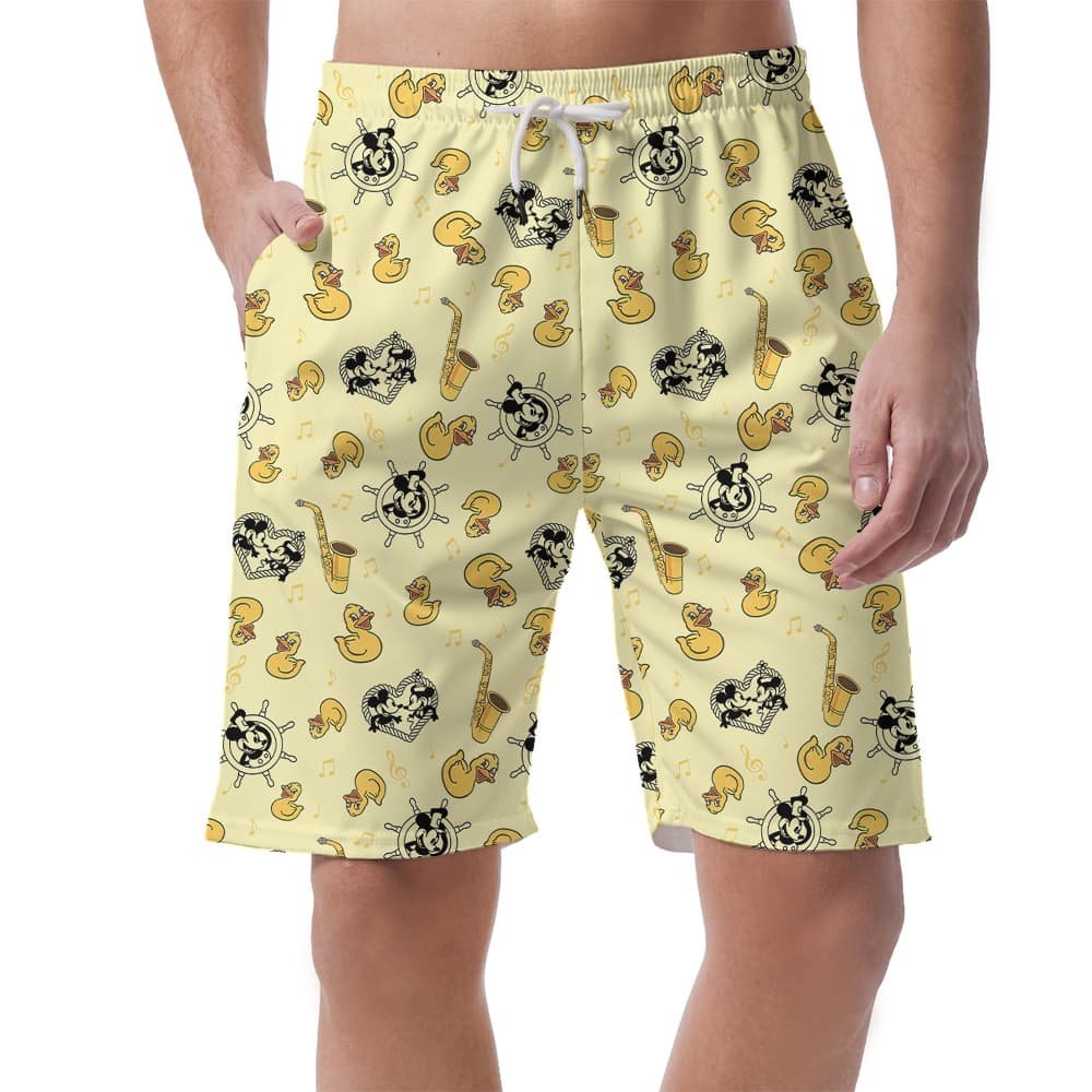Cute Mickey Steamboat Willie Rubber Ducky Hawaiian Beach Shorts For Men